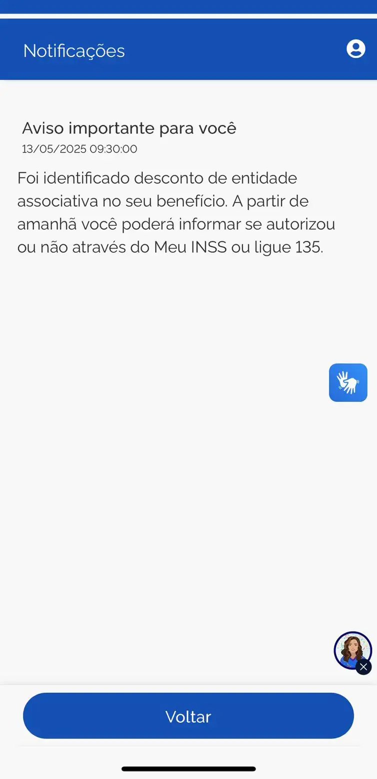 Brasília (DF), 13/05/2025 - Aplicativo do INSS mostra uma notificação para pessoas que sofreram descontos feitos por associações em seus benefícios. Foto: INSS/Divulgação