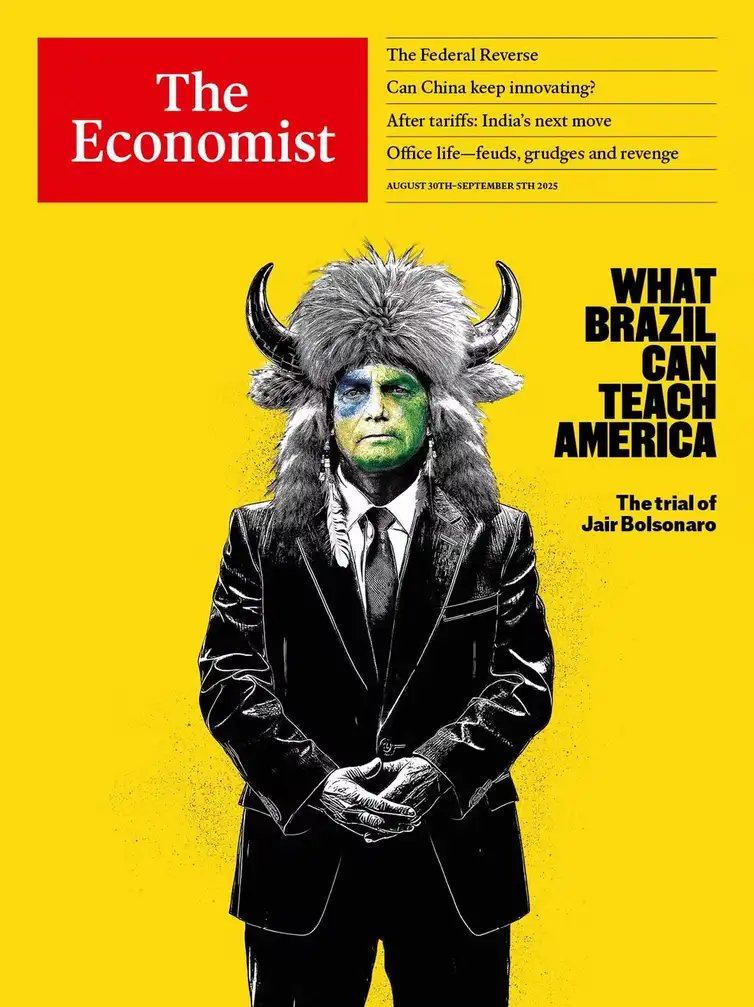Brasília (DF) 28/08/2025 - Ex-Presidente da República, Jair Bolsonaro, ilustra uma arte na capa do site The Economist. Foto: The Economist/Divulgação