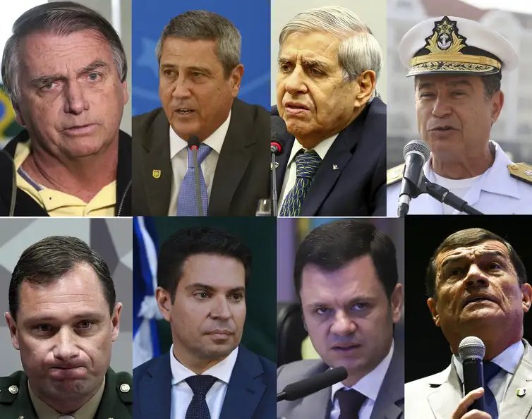 Brasília (DF), 11/09/2025 - A Primeira Turma do Supremo Tribunal Federal (STF) formou nesta quinta-feira (11) maioria de votos para condenar o ex-presidente Jair Bolsonaro e mais sete aliados na ação penal da trama golpista.
Da esquerda para direita: Ex.presidente, Jair Bolsonaro, General, Braga Neto, General, Augusto Heleno, Almirante, Almir Garnier, Tenete-Coronel, Mauro Cid, Deputado Federal, Alexandre Ramagem, Ex.ministro da justiça, Anderson Torres, General Paulo Sérgio Nogueira.
Fotos: Agência Brasil