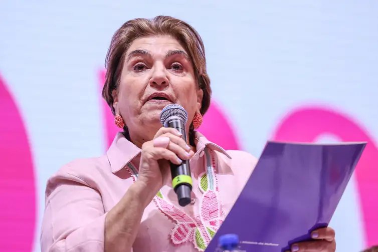 Brasília (DF), 01/10/2025 – A ministra da mulheres, Márcia Lopres, discursa na 5ª Conferência Nacional de Políticas para as Mulheres.
Foto: José Cruz/Agência Brasil