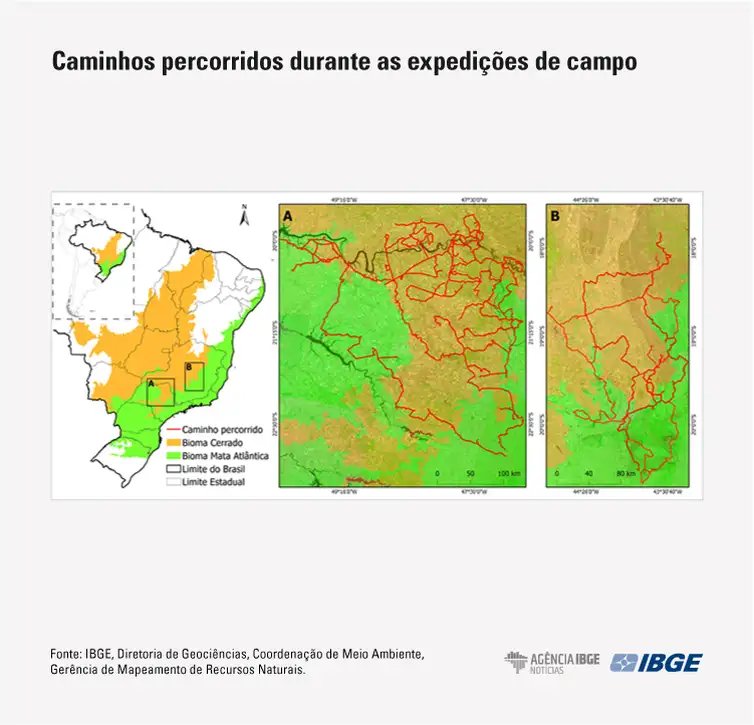 Rio de Janeiro (RJ), 18/11/2025 – Mata Atlântica perde 1% de área e Cerrado ganha 1,8% em revisão do IBGE.
Mapa IBGE