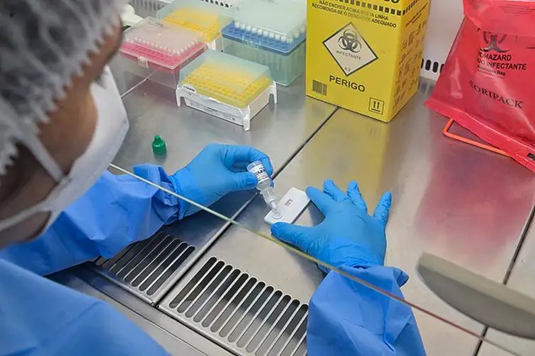 Aplicação de solução reagente durante ensaio com teste rápido para hantavirose realizado no Laboratório de Hantaviroses e Rickettsioses do IOC/Fiocruz. Foto: Rudson Amorim, IOC/Fiocruz