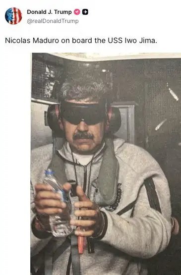 A post of U.S. President Donal Trump via Truth Social shows a picture of Venezuelan President Nicolas Maduro, after U.S. President Donald Trump said the U.S. has struck Venezuela and captured him, in Caracas, Venezuela, January 3, 2026. Donald J. Trump (@realDonaldTrump) via Truth social/Handout via REUTERS    THIS IMAGE HAS BEEN SUPPLIED BY A THIRD PARTY
