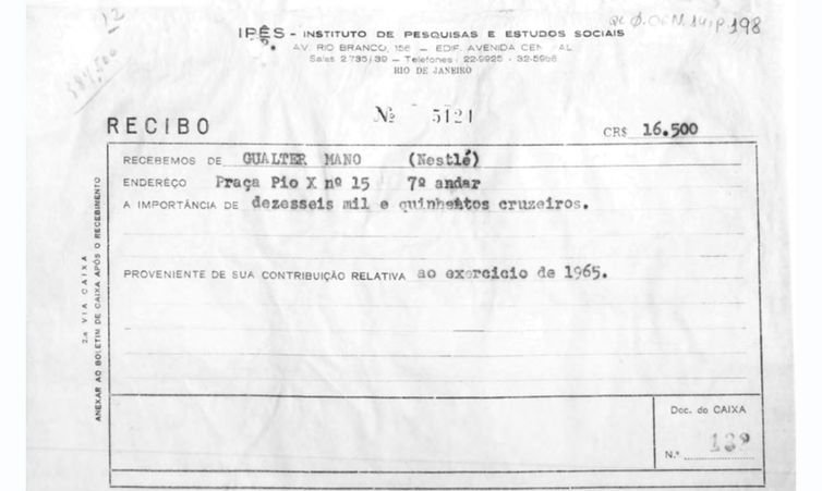 São Paulo (SP), 09/04/2026 - FOTO DE ARQUIVO - Registros das contribuições do então presidente da Nestlé Brasil, Gualter Mano, para o IPES.  Oswaldo Ballarin, Executivo da Nestlé e da Brown Boveri contratou torturador como relações públicas. Foto: Arquivo Nacional/Divulgação